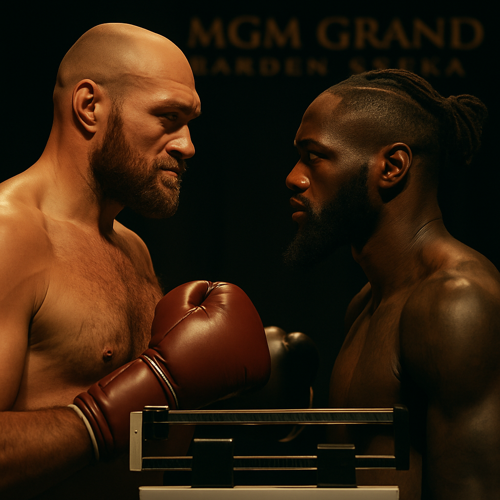 A compelling image of Tyson Fury and Deontay Wilder standing face-to-face in a pre-fight