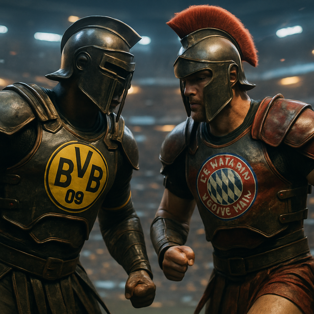 Image of football players from Borussia Dortmund and Bayern Munich facing off as futuristic