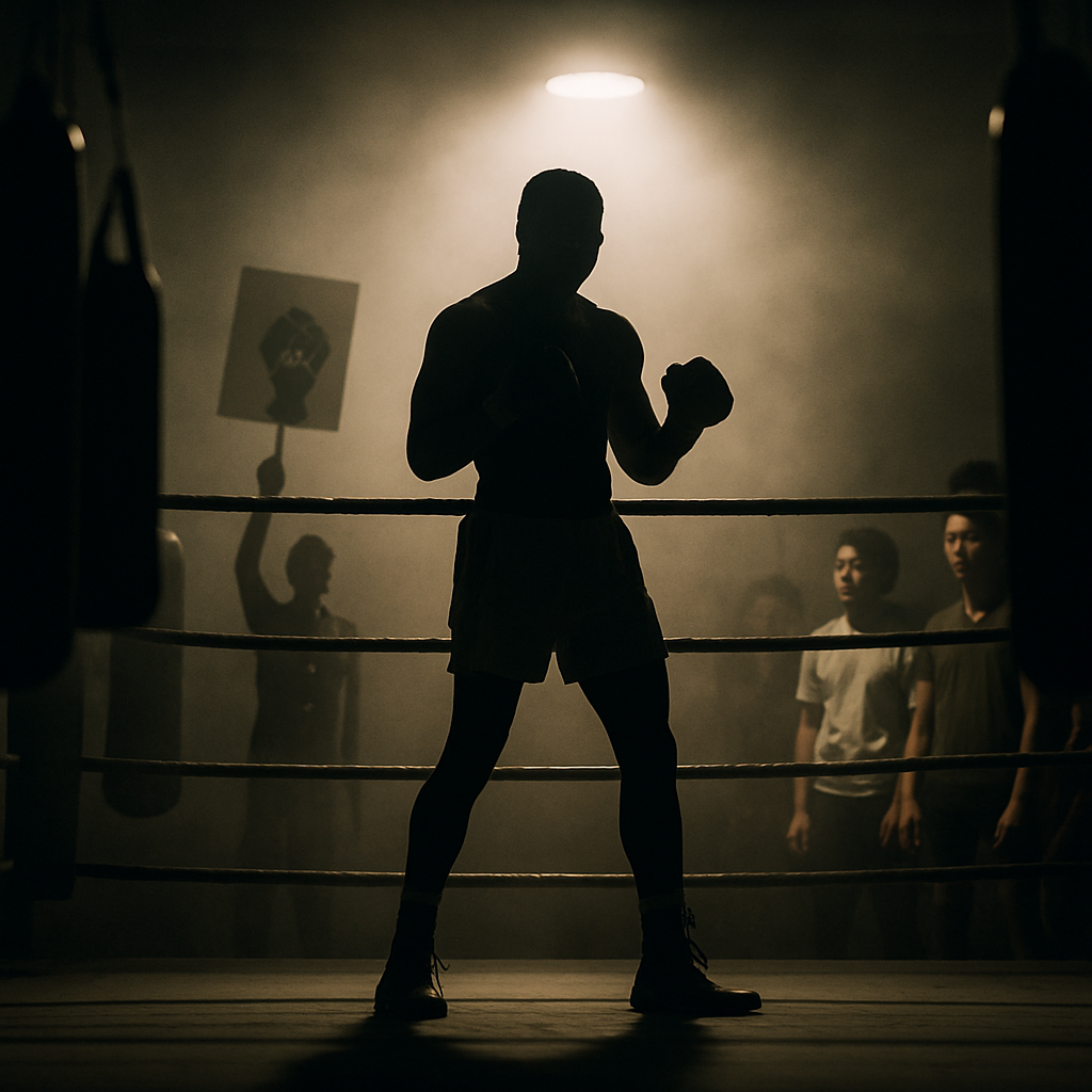 A symbolic scene of a boxing ring illuminated by a spotlight on Muhammad Alis