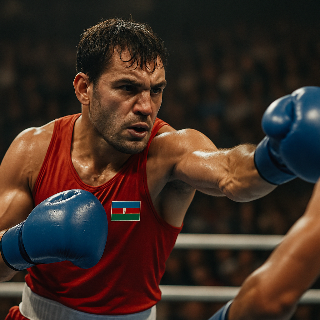 A close-up of an Azerbaijani boxer in a fighting stance, surrounded by shadows and