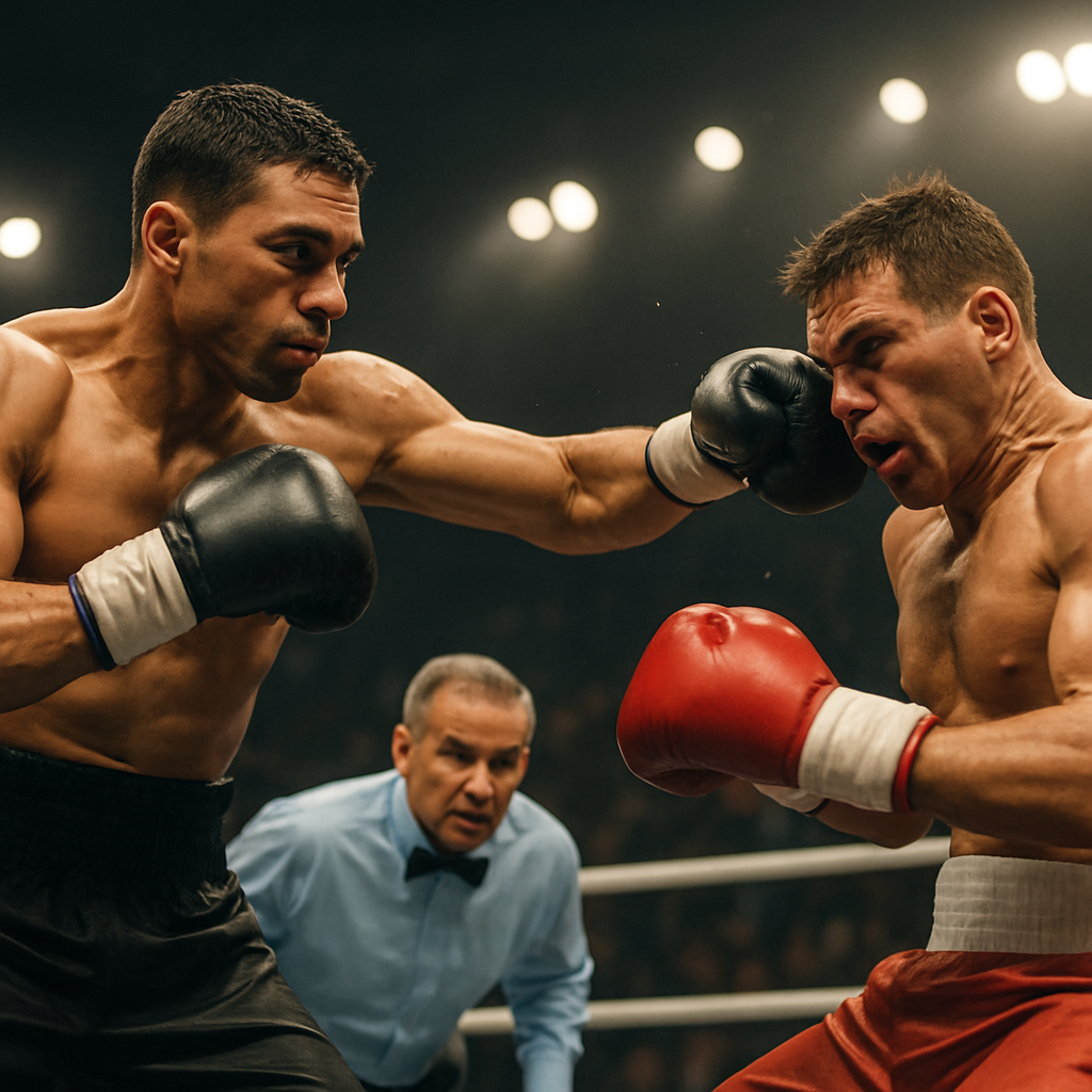 A dramatic boxing-ring moment illustrating knockout analysis, with a referee stepping toward two fighters.