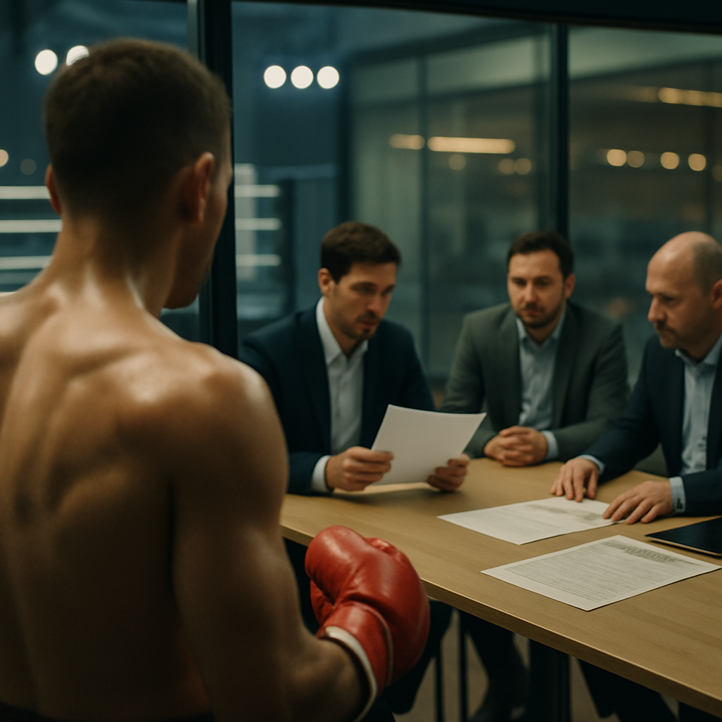 A boxer looks toward a meeting where managers discuss his new contract, with a
