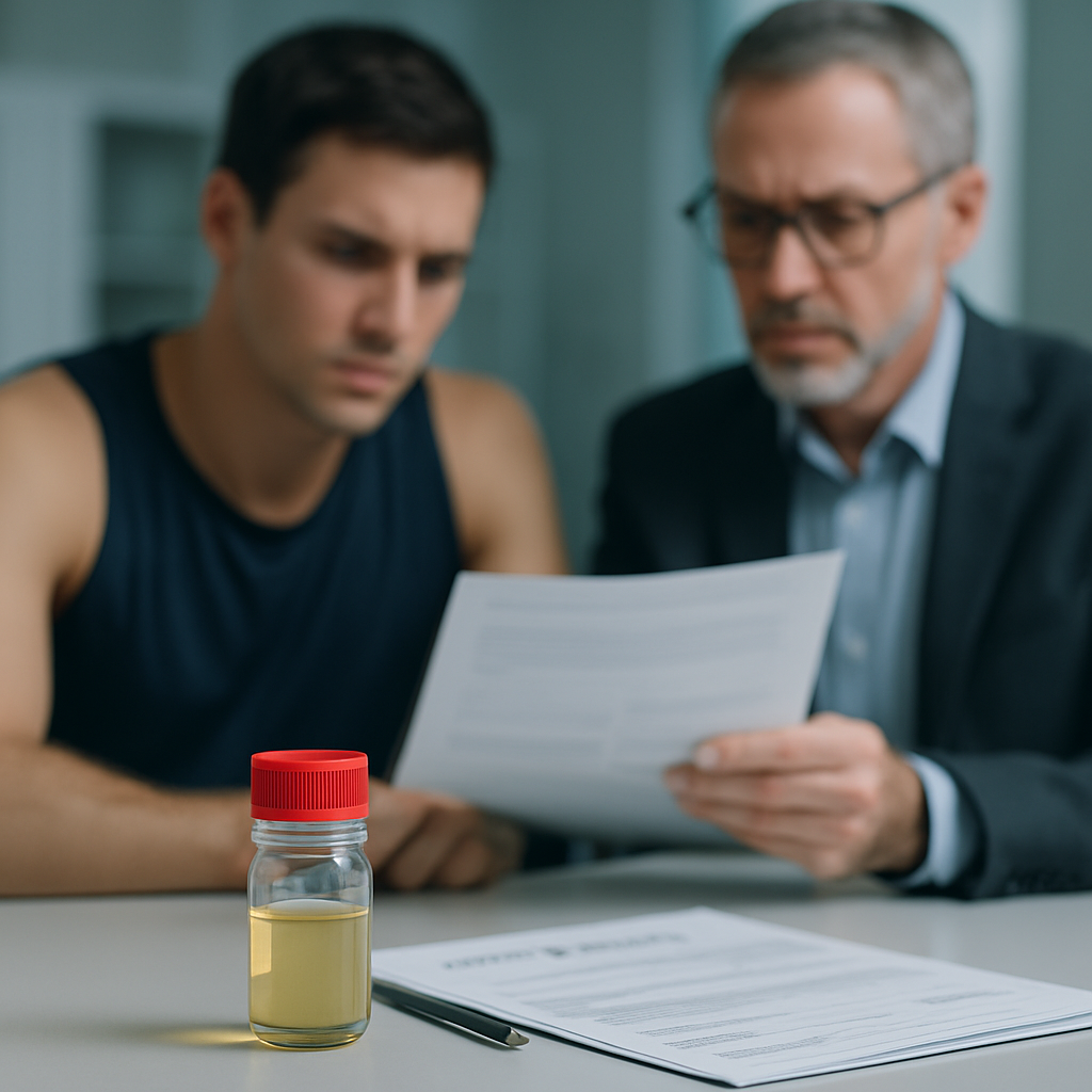 An athlete and an independent official review anti-doping paperwork beside a sealed sample vial
