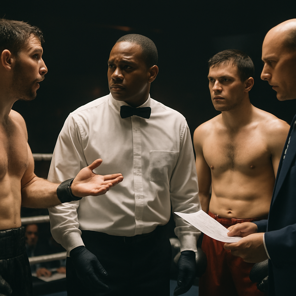 A referee stands between two boxers after a disputed decision as a ringside official