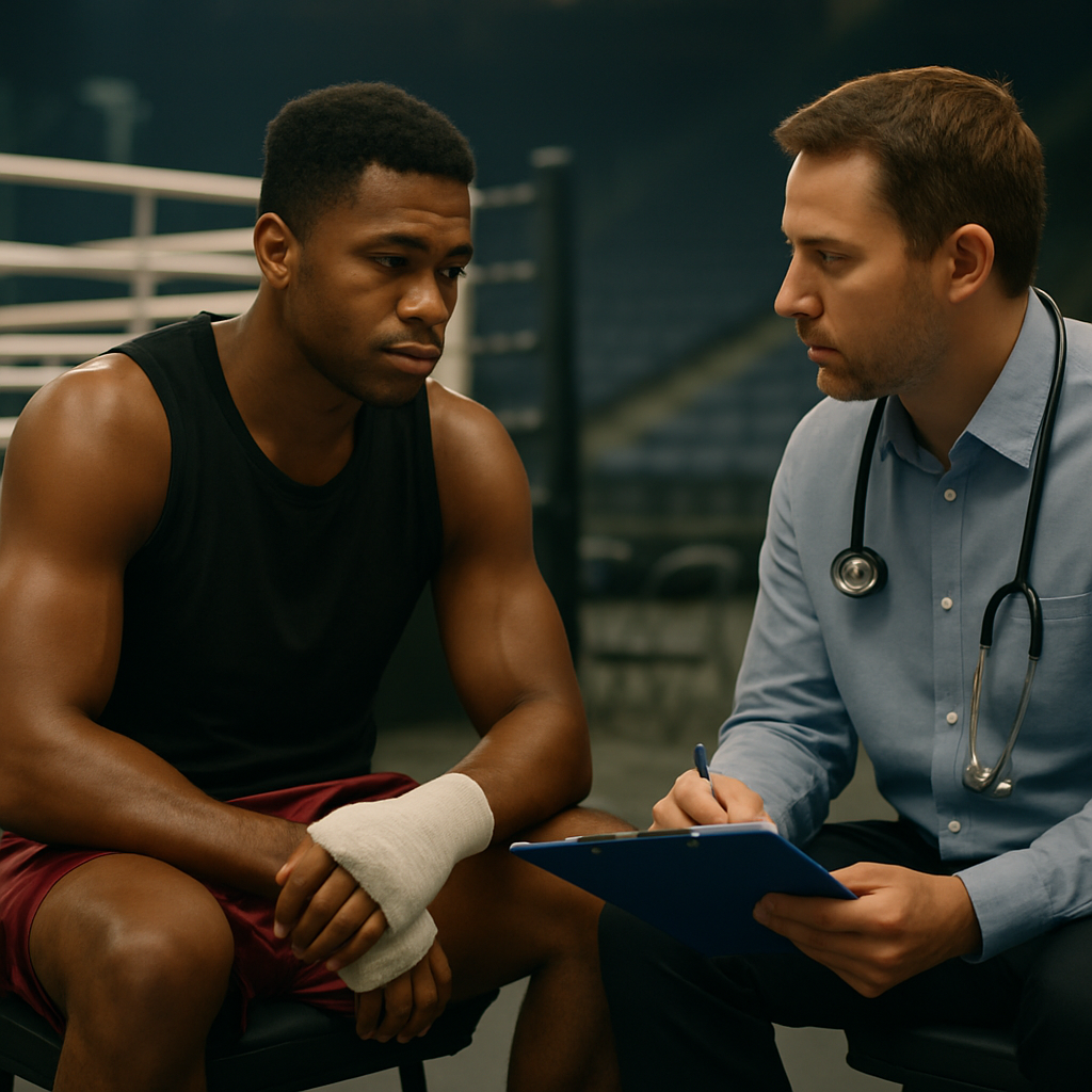 An injured star boxer discusses a gradual rehabilitation plan with a sports physician beside