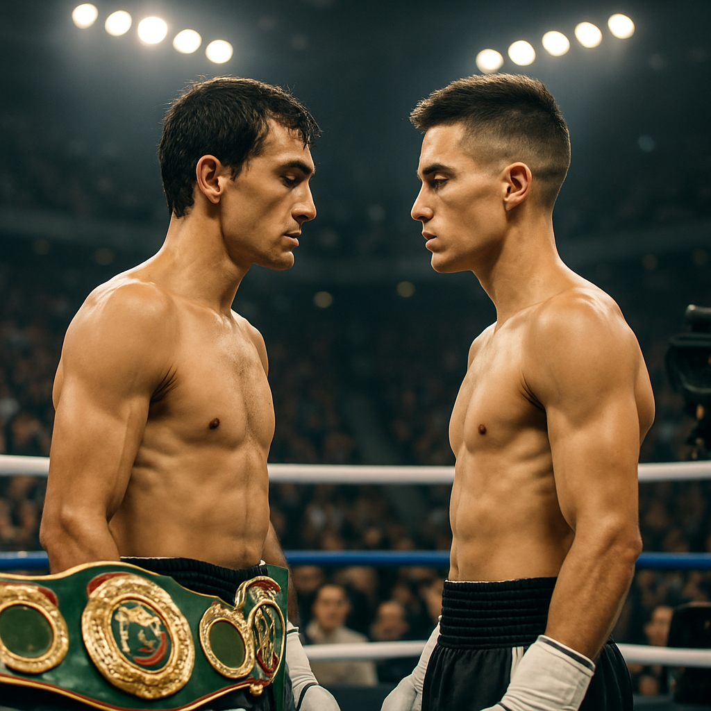 Two lightweight boxers face off in a brightly lit arena as spectators and a
