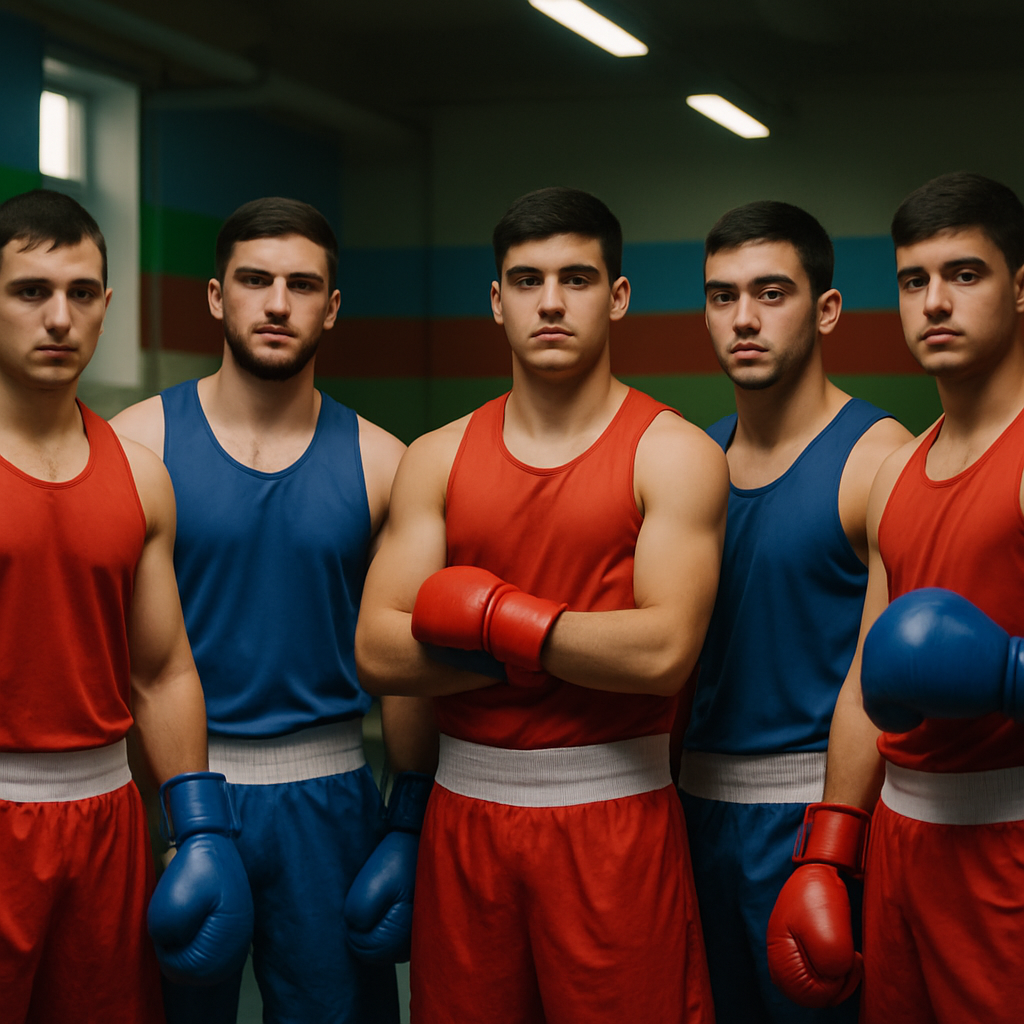 Five young Azerbaijani boxers pose together in a gym ahead of the 2022 U-22