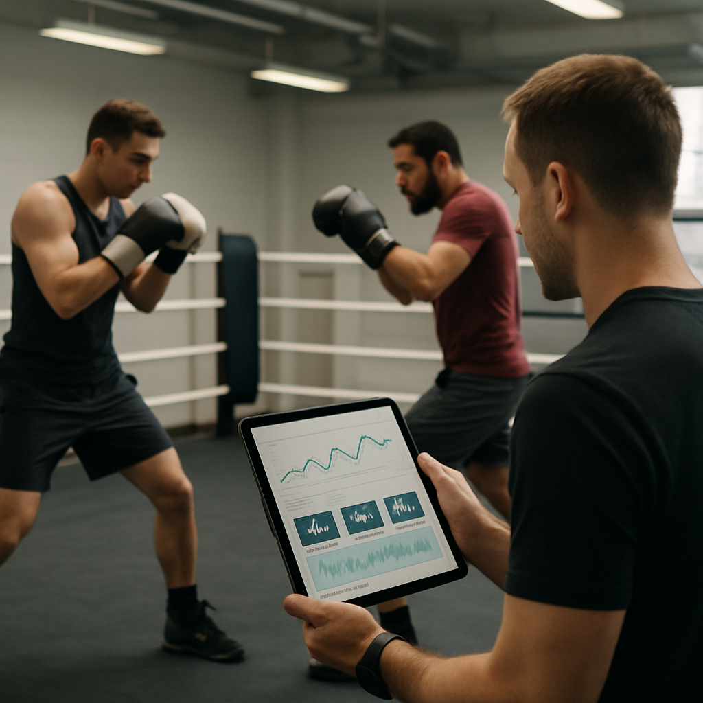 Two boxers practice footwork and distance control in a gym while their coach tracks