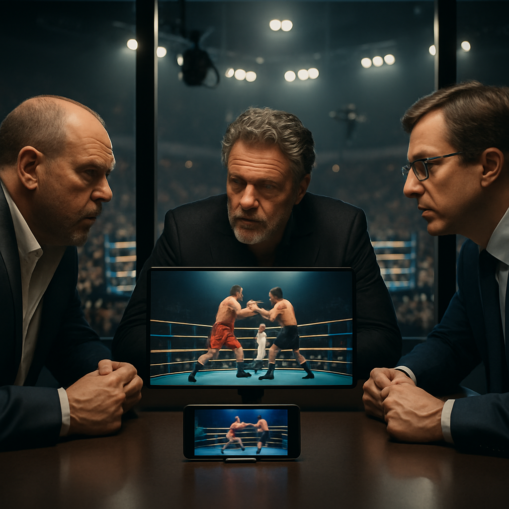 A promoter, TV executive, and streaming representative negotiate sports broadcast rights while a live