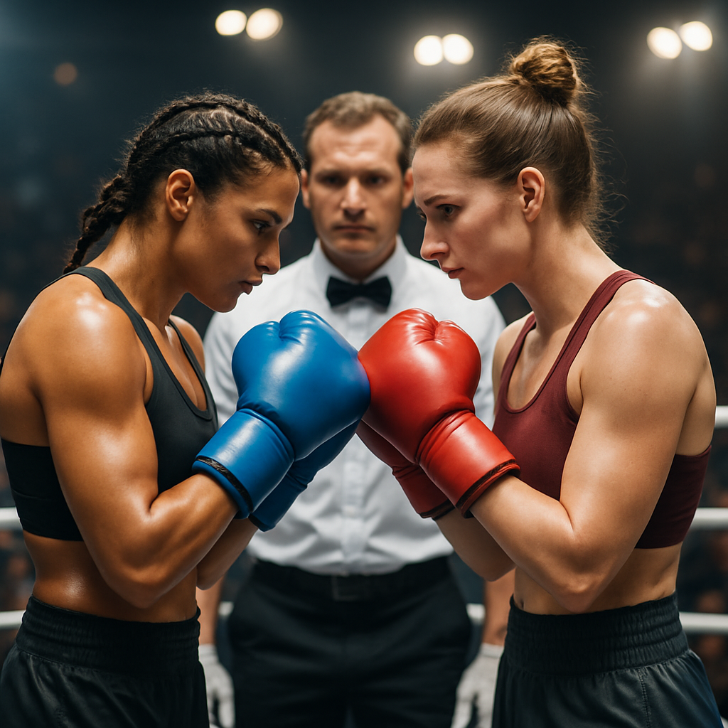 Two female boxers face each other in a brightly lit ring as a referee